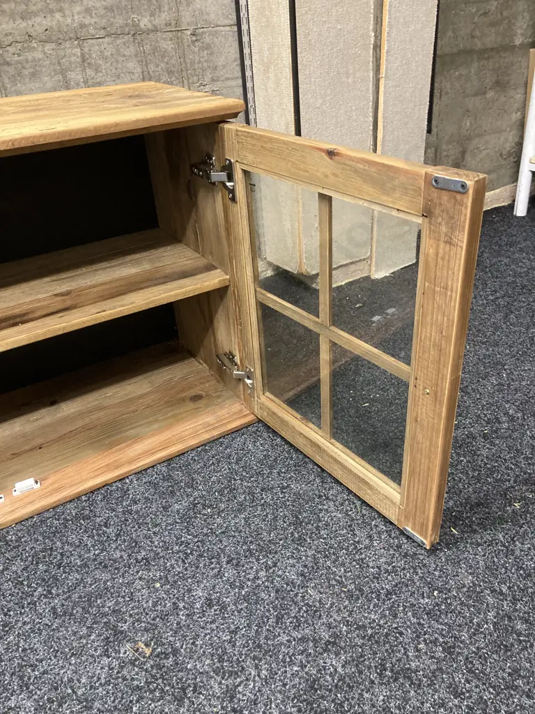 Ex Early Settler Reclaimed Timber 2 Glass Door Sideboard. H60 W99 D39cm Image 1++